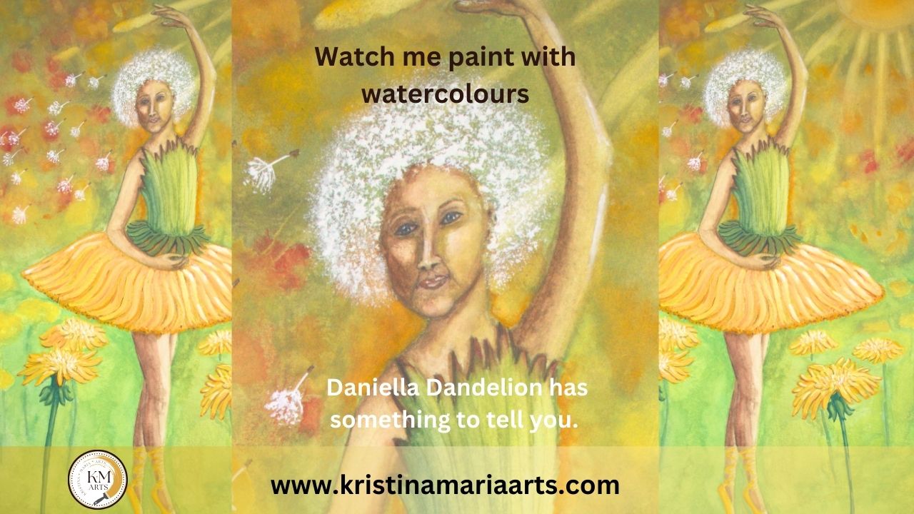 Watercolour Art of a Ballerina Dandelion called Daniella. Various gifts and homewares, toe bags, cushions, framed & unframed art, coffee mugs, greetings cards