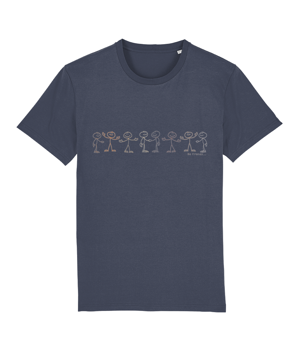 India Ink Blue T-shirt with stick men various colours, small text underneath, saying Be Friends