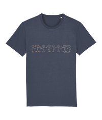 India Ink Blue T-shirt with stick men various colours, small text underneath, saying Be Friends