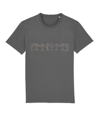 Anthracite T-shirt with stick men various colours, small text underneath, saying Be Friends