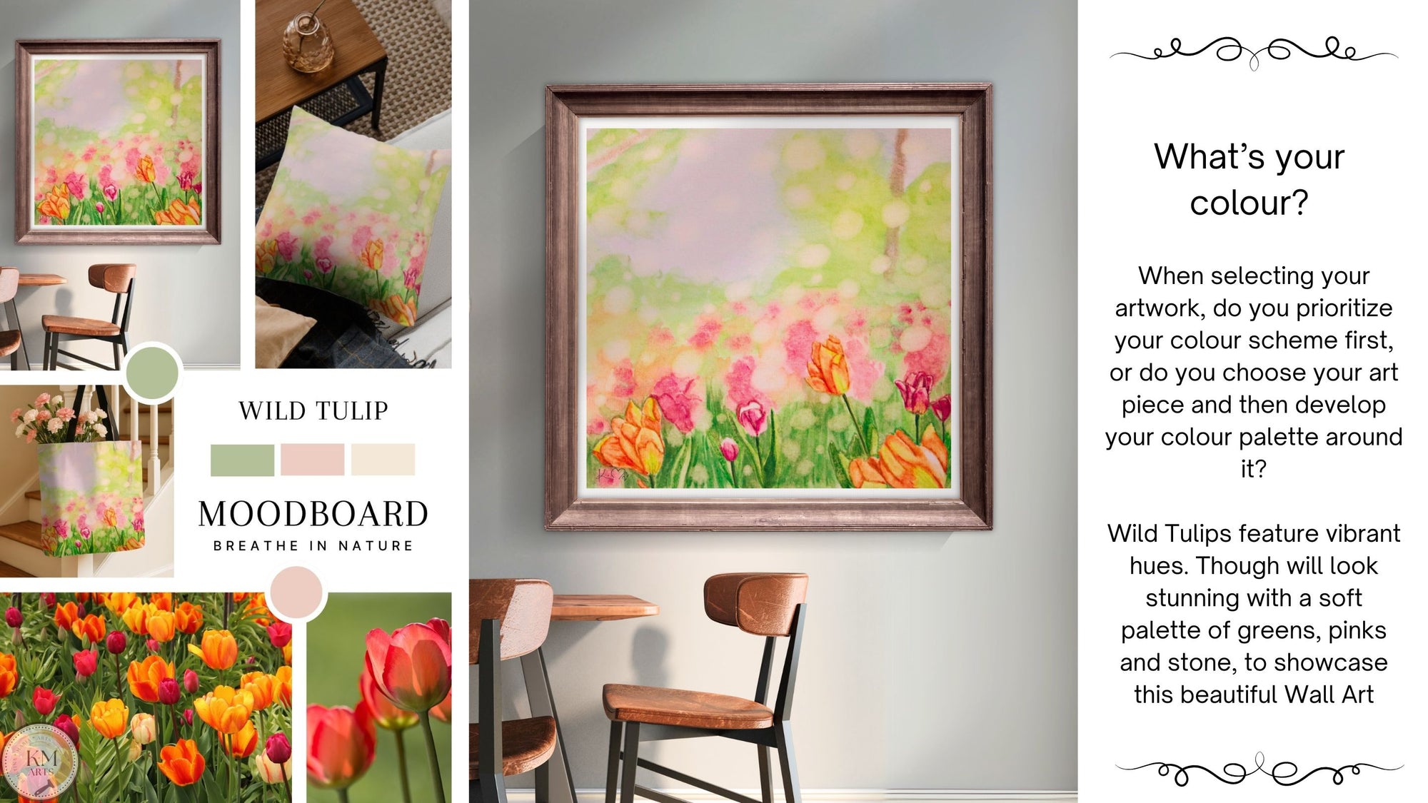 Framed artwork of tulips with a color palette guide on a gray wall.