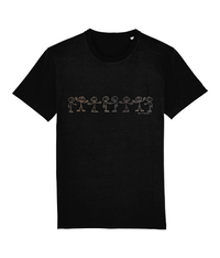 Black T-shirt with stick men various colours, small text underneath, saying Be Friends