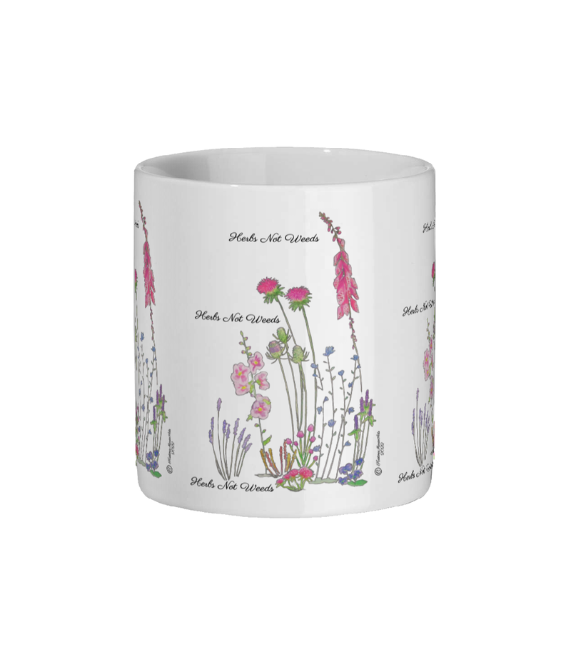 White Mug, Cup with wild flowers and herbs design