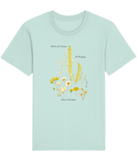 Caribbean blue Herbs Not Weeds Vegan Organic Cotton T-shirt  A beautiful floral motif with yellow and white wild herbs found in the UK