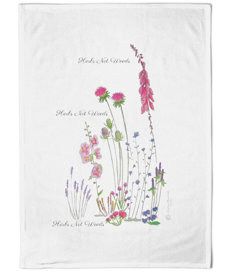 white cotton tea towel wild flowers herbs motif