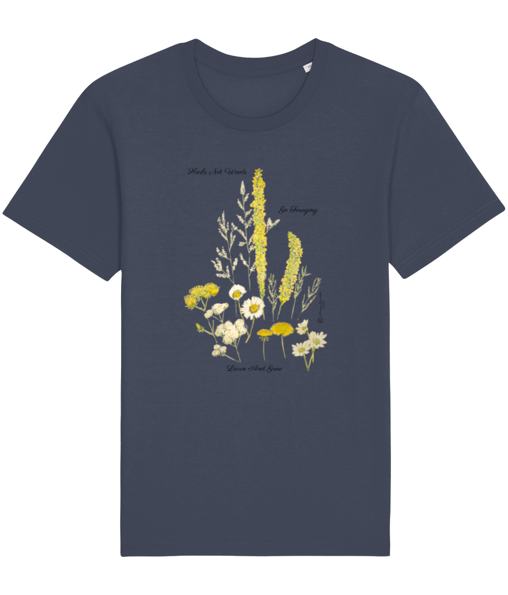 India inki grey Herbs Not Weeds Vegan Organic Cotton T-shirt  A beautiful floral motif with yellow and white wild herbs found in the UK