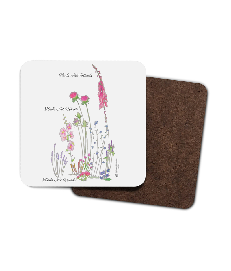 Coasters with painting of wild flower herbs pinks and purple