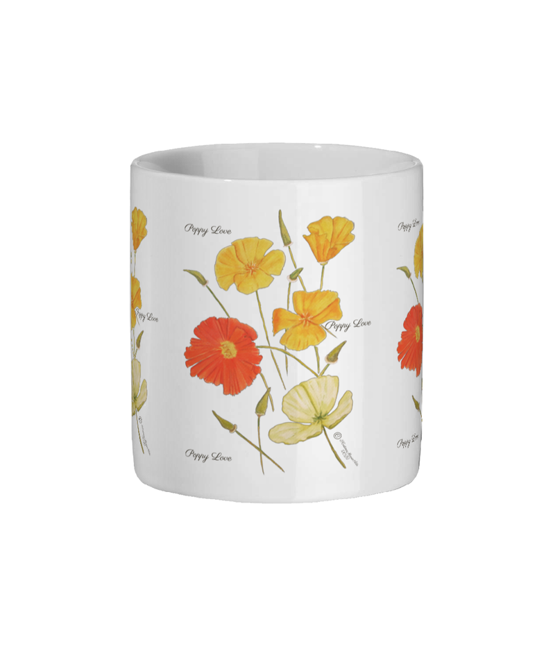 white ceramic cup, mug with colourful poppy design, writing Poppy love