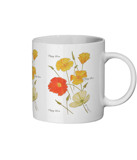 white ceramic cup, mug with colourful poppy design, writing Poppy love