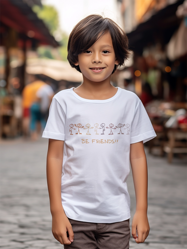 Boys Organic Cotton T Shirt | Be Friends Stick Men Motif - Vegan Ink