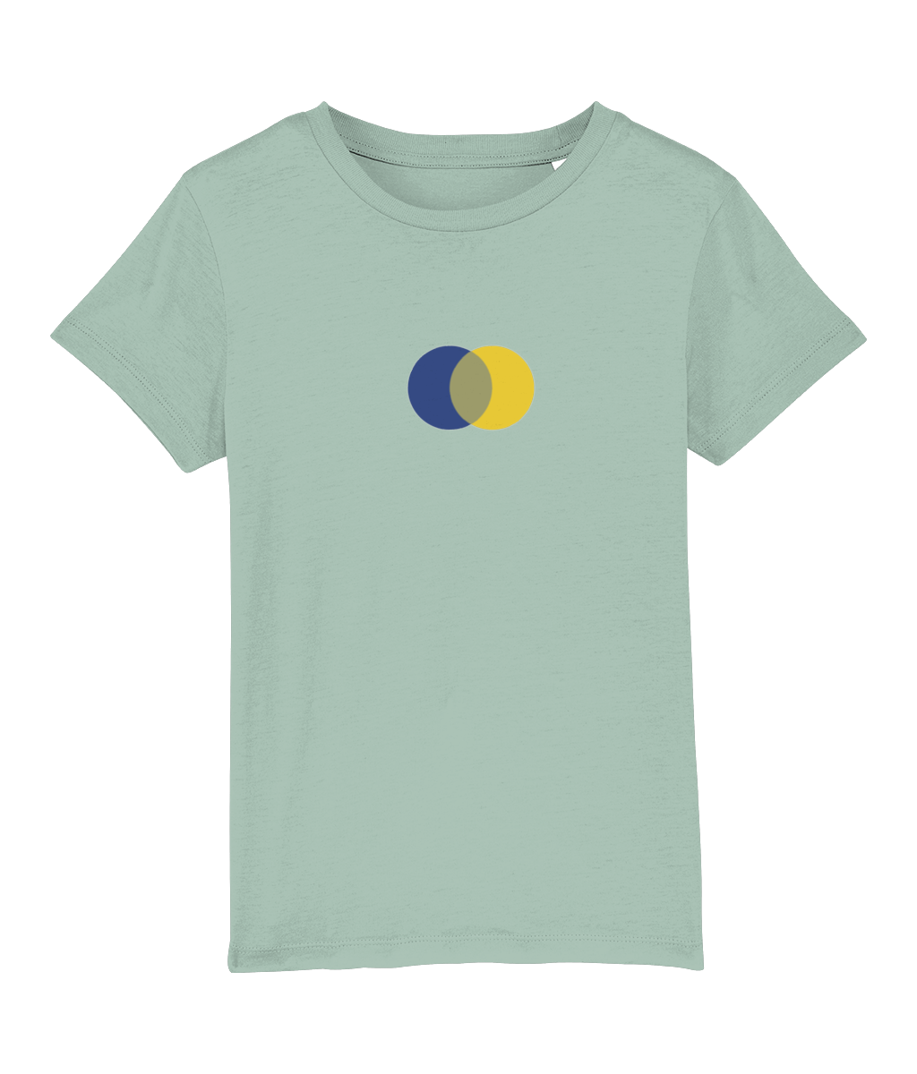 Organic Cotton T Shirt | Blue & Yellow Makes Green Circles Motif - Vegan Ink