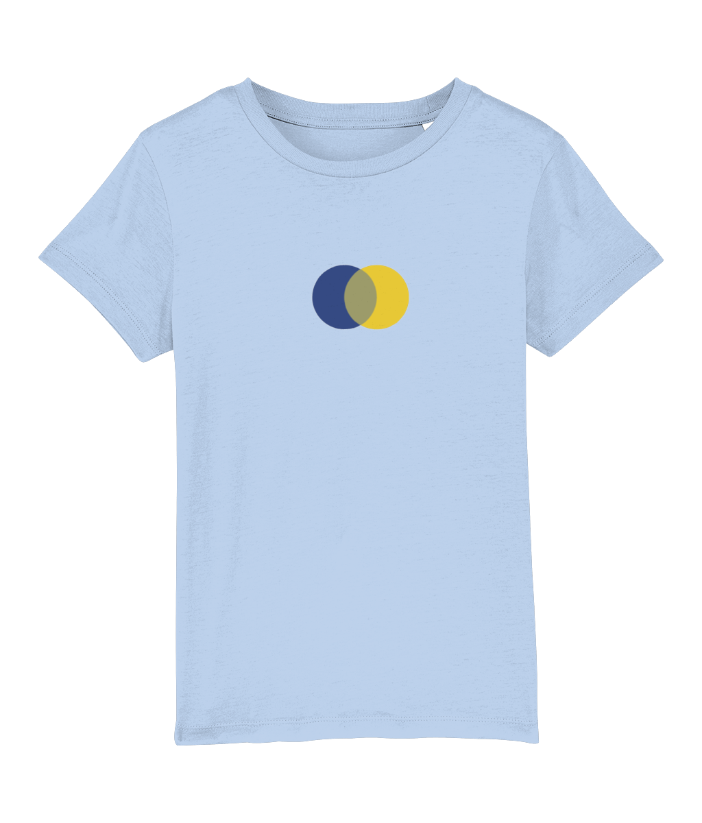 Organic Cotton T Shirt | Blue & Yellow Makes Green Circles Motif - Vegan Ink