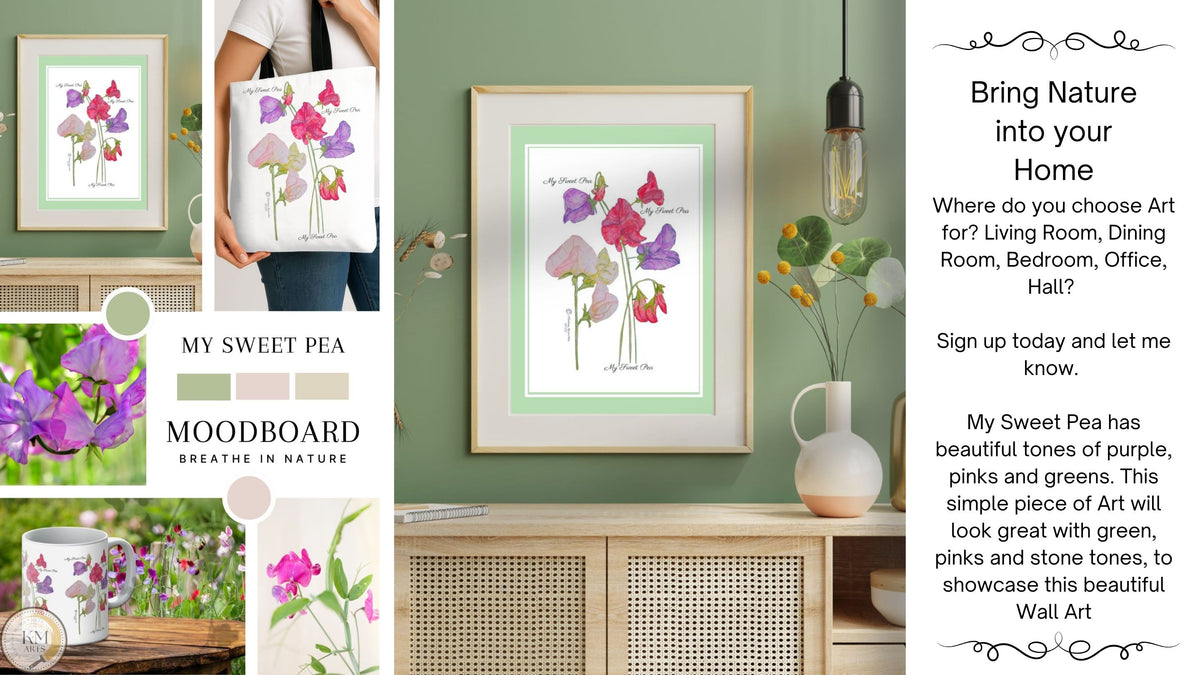 Framed Sweet Pea floral art print on a wall with a moodboard and additional floral images.