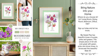 Framed Sweet Pea floral art print on a wall with a moodboard and additional floral images.