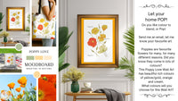 Framed floral art with a moodboard of related images and text about poppy-themed wall art.