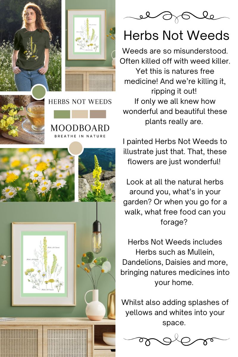 Promotional graphic for 'Herbs Not Weeds' with images of plants, a person wearing a t-shirt, and text about herbs and nature.