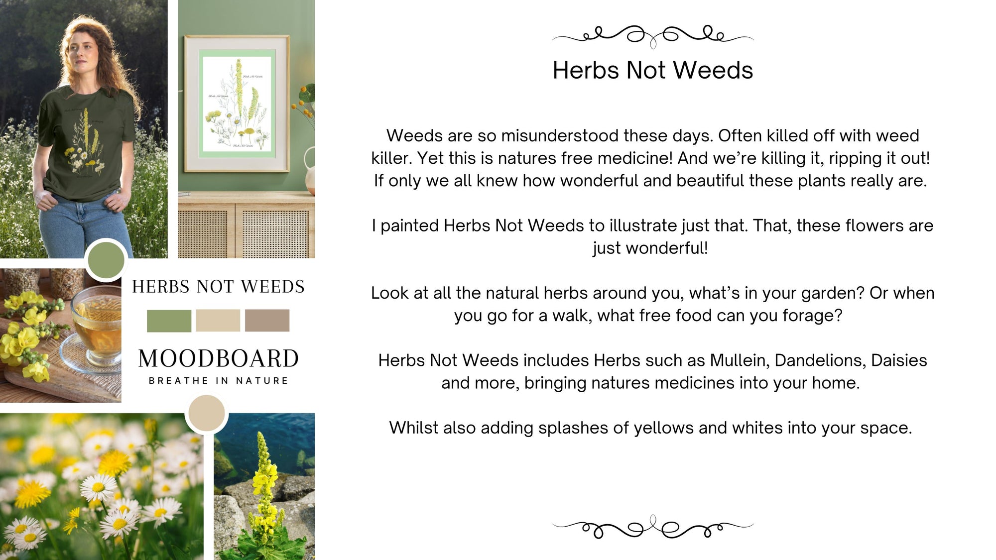 Promotional graphic for 'Herbs Not Weeds' with text and images of plants and a person.