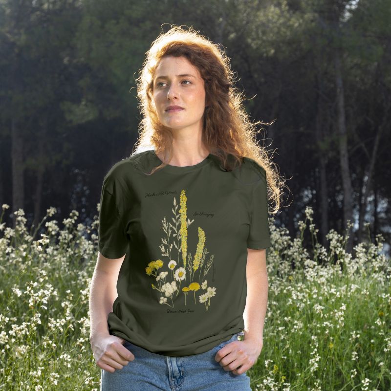 khaki green t-shirt with yellow and white wild flowers from herbs not weeds collection