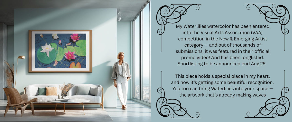 Living room with a woman standing next to a watercolor painting of waterlilies on the wall.