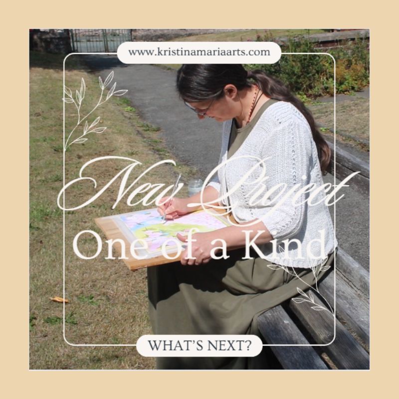 Kristina Maria sitting on a bench drawing outdoors with text overlay.