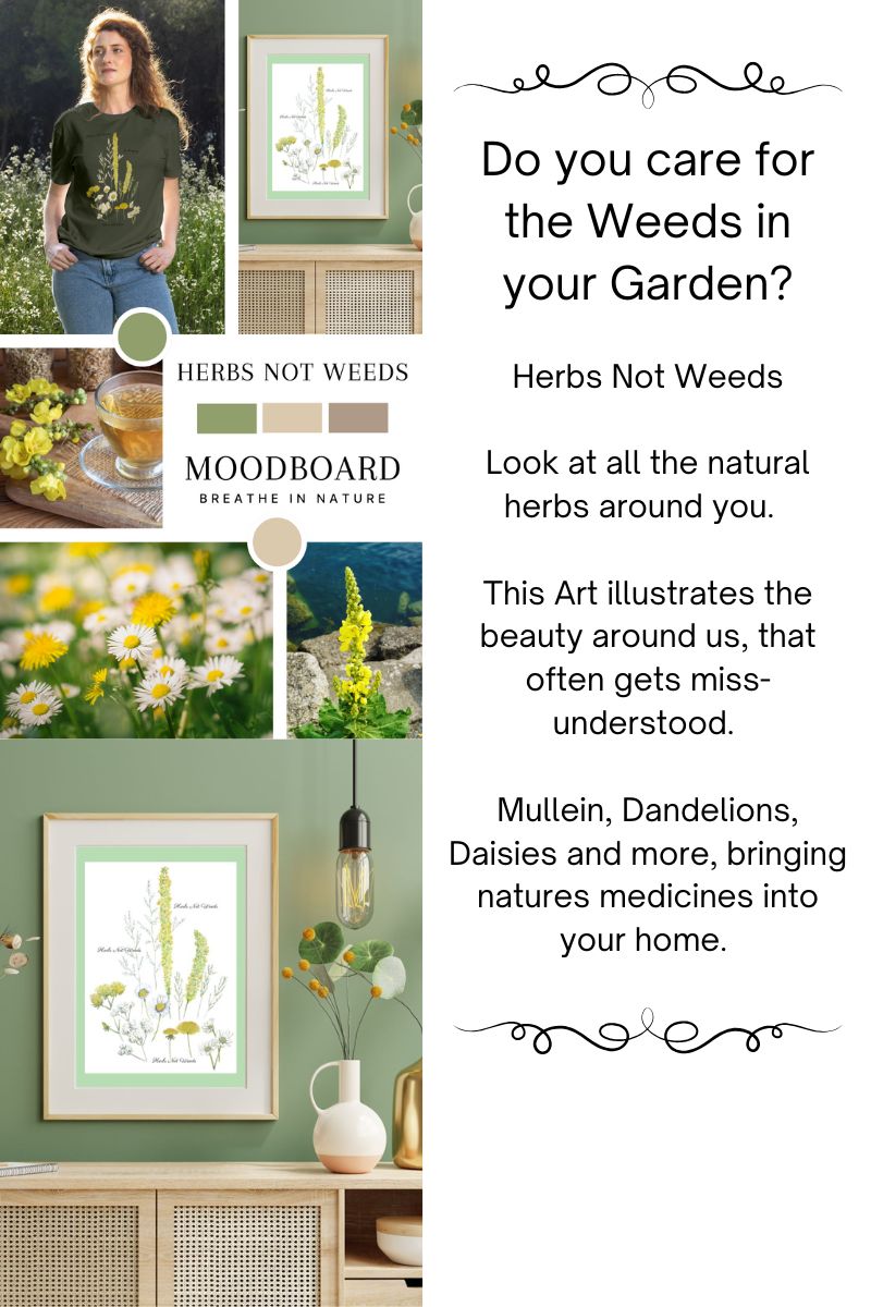 Promotional graphic for 'Herbs Not Weeds' with images of plants and text about nature and herbs.
