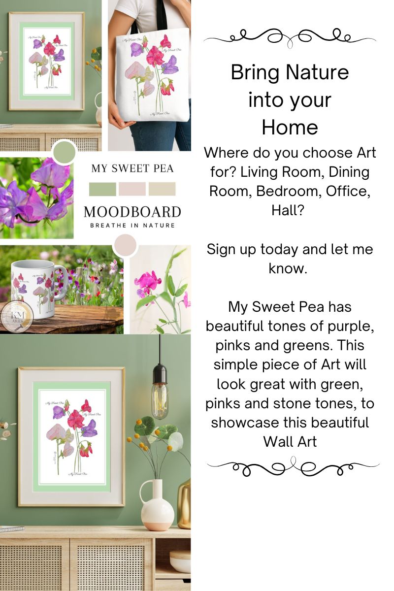 Floral Wall Art of Sweet Peas. Also matching coffee mug and Tote Bags
