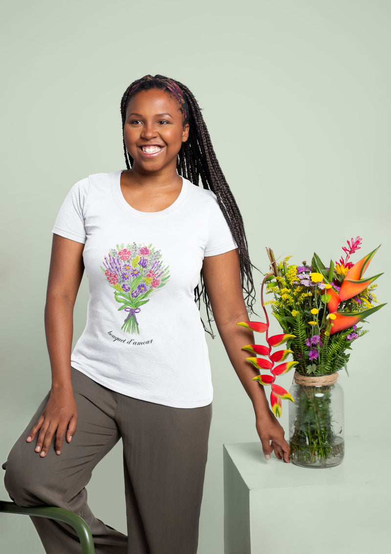 white cotton t-shirt with bouquet of pink and purple tulips, roses, flowers