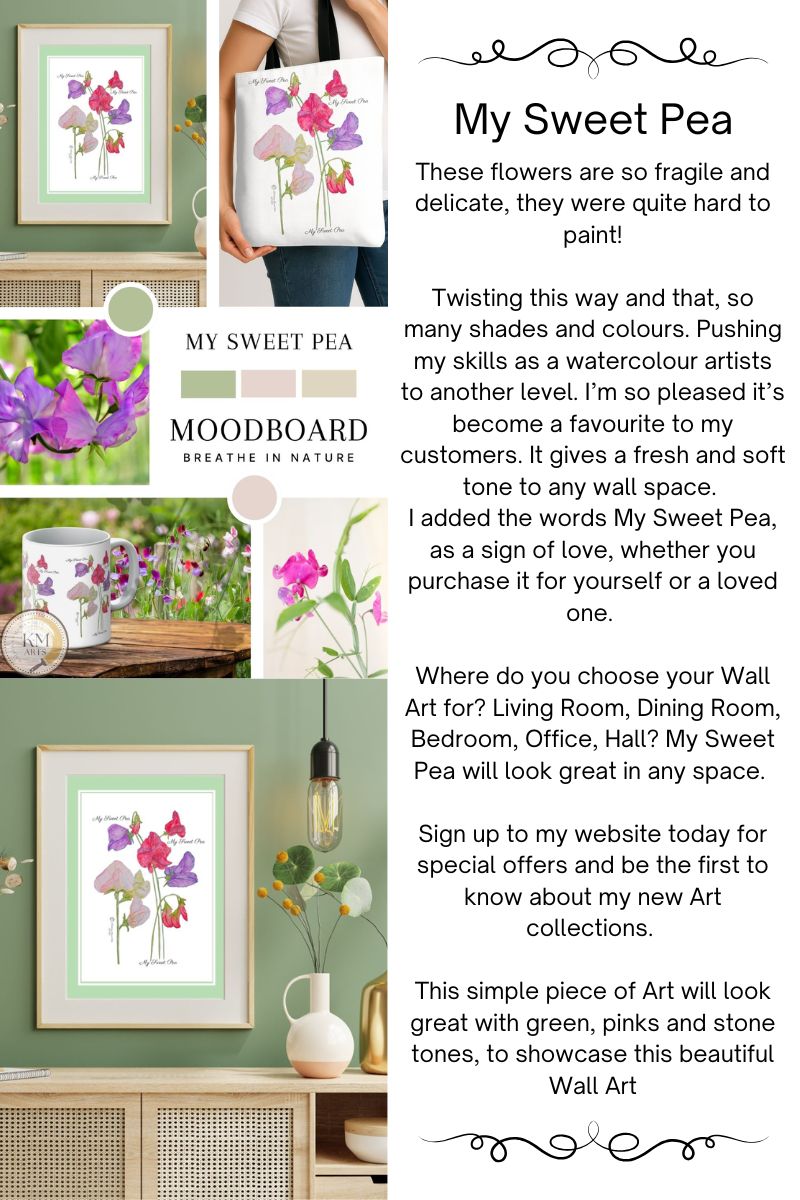 Floral wall art with text about 'My Sweet Pea' design and color palette.