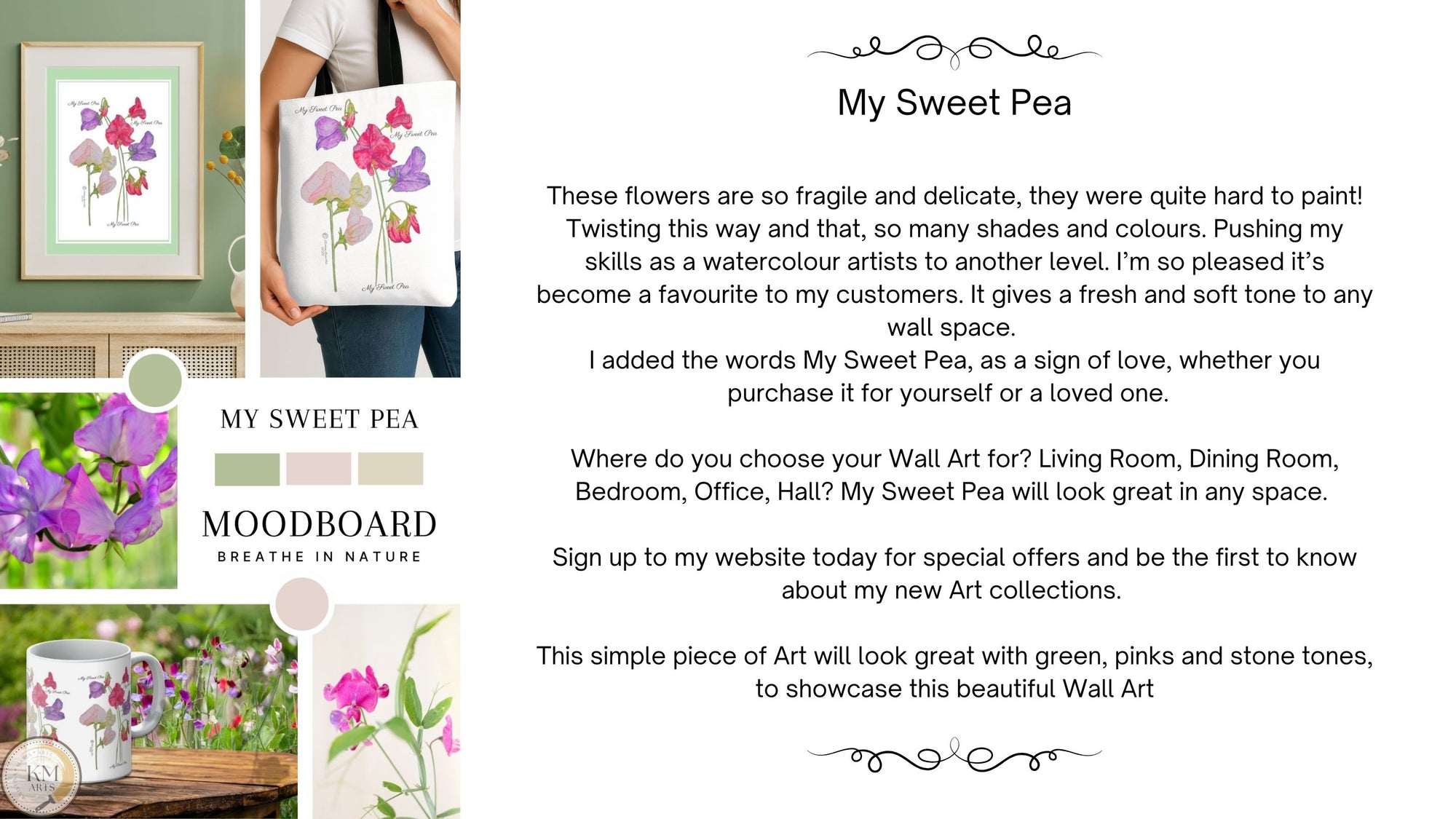 Product description with watercolor flowers and text on a white background