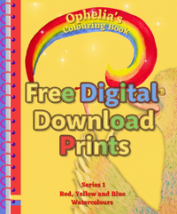 Book cover of 'Ophelia's Colouring Book' with an ostrich holding a rainbow and watercolor brush on a yellow background.