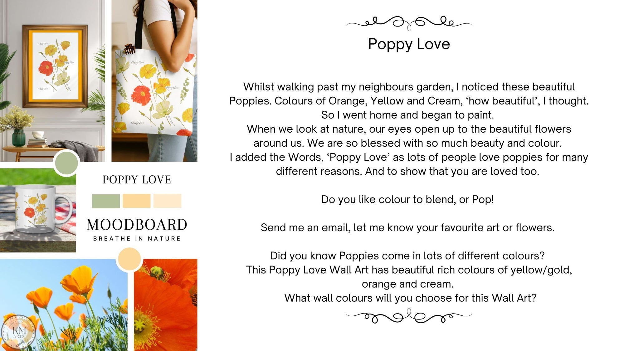 Promotional graphic for Poppy Love wall art with text and images of poppies.
