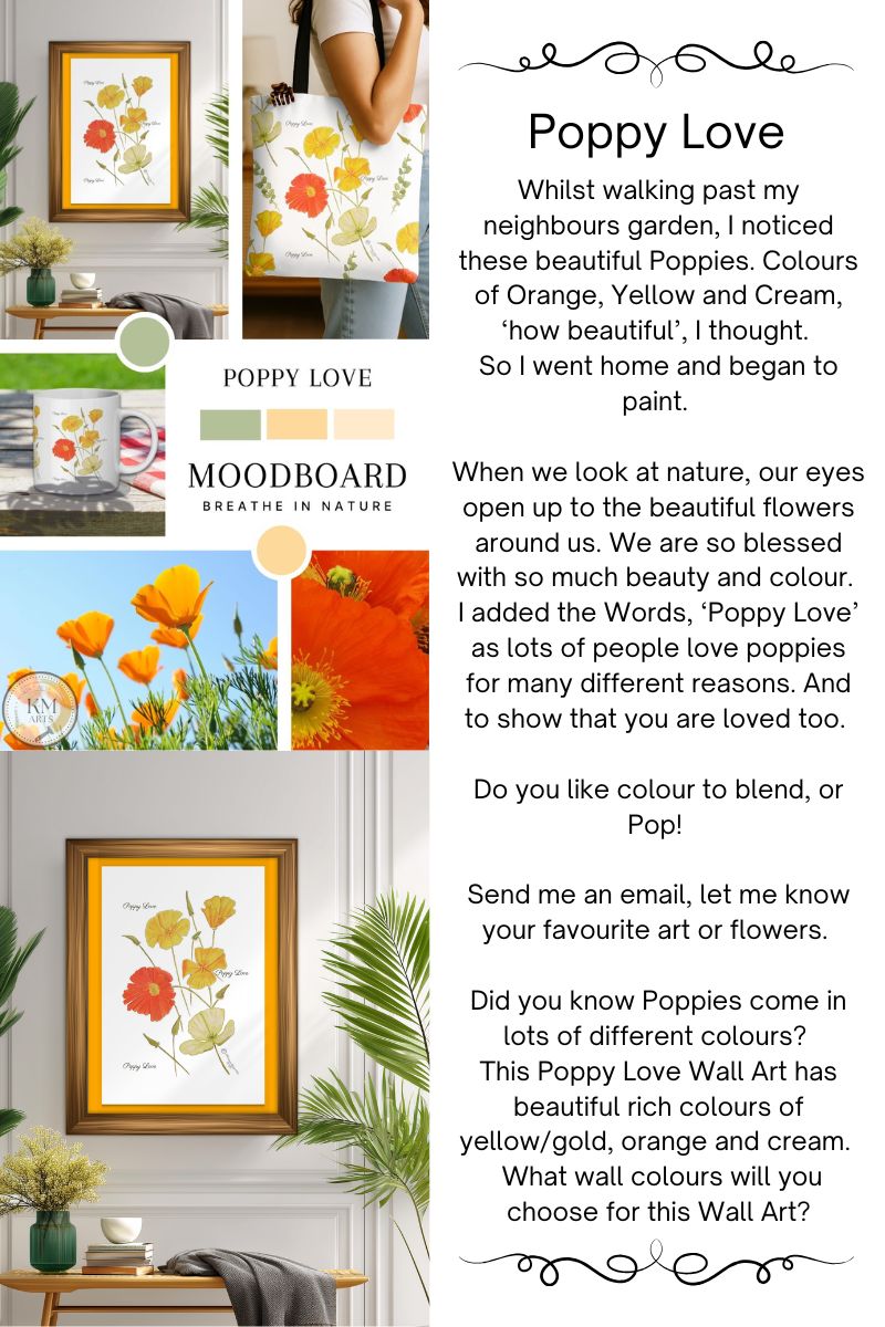Promotional image for 'Poppy Love' wall art with text and images of poppies and framed artwork.