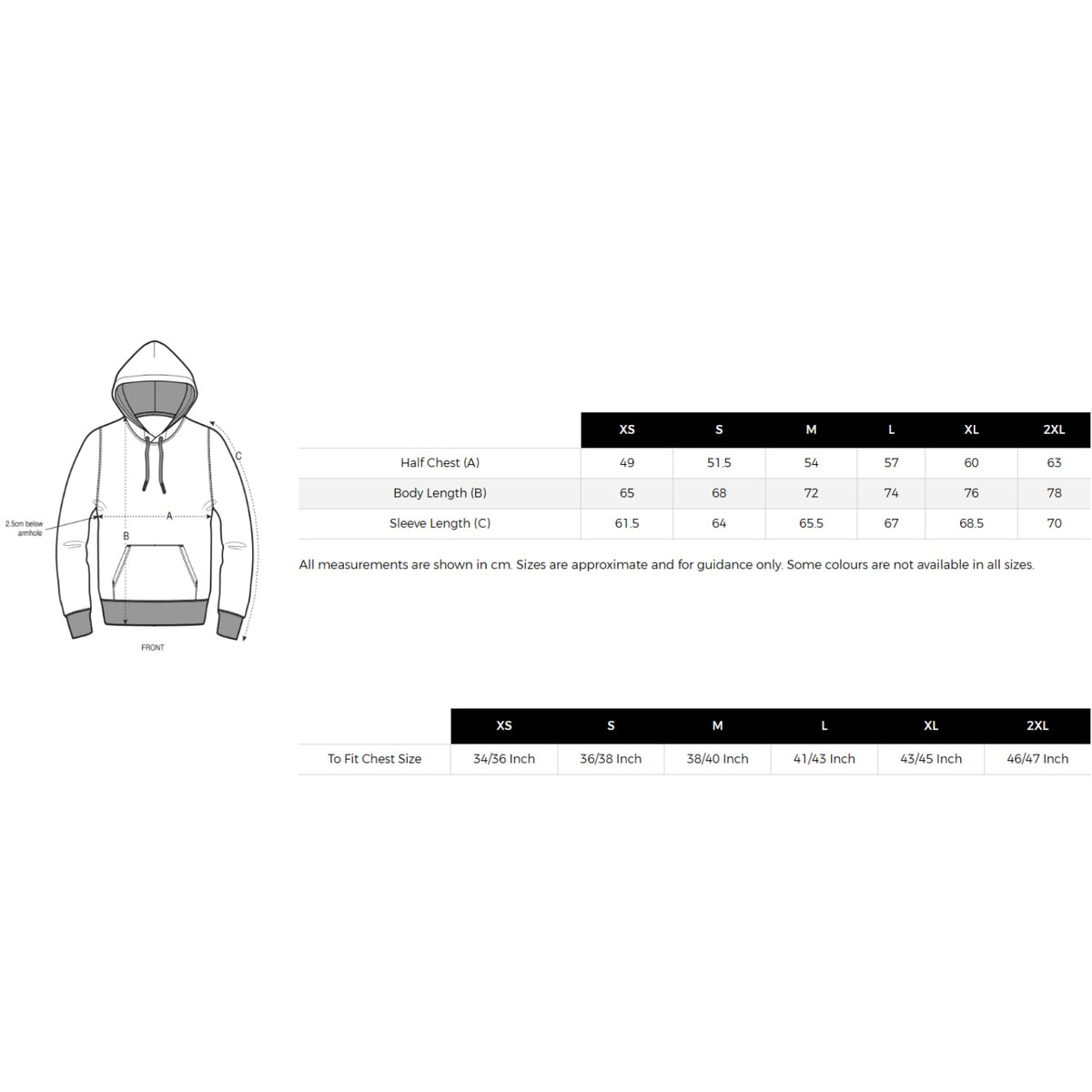 Hoodie size chart XS TO 2XL