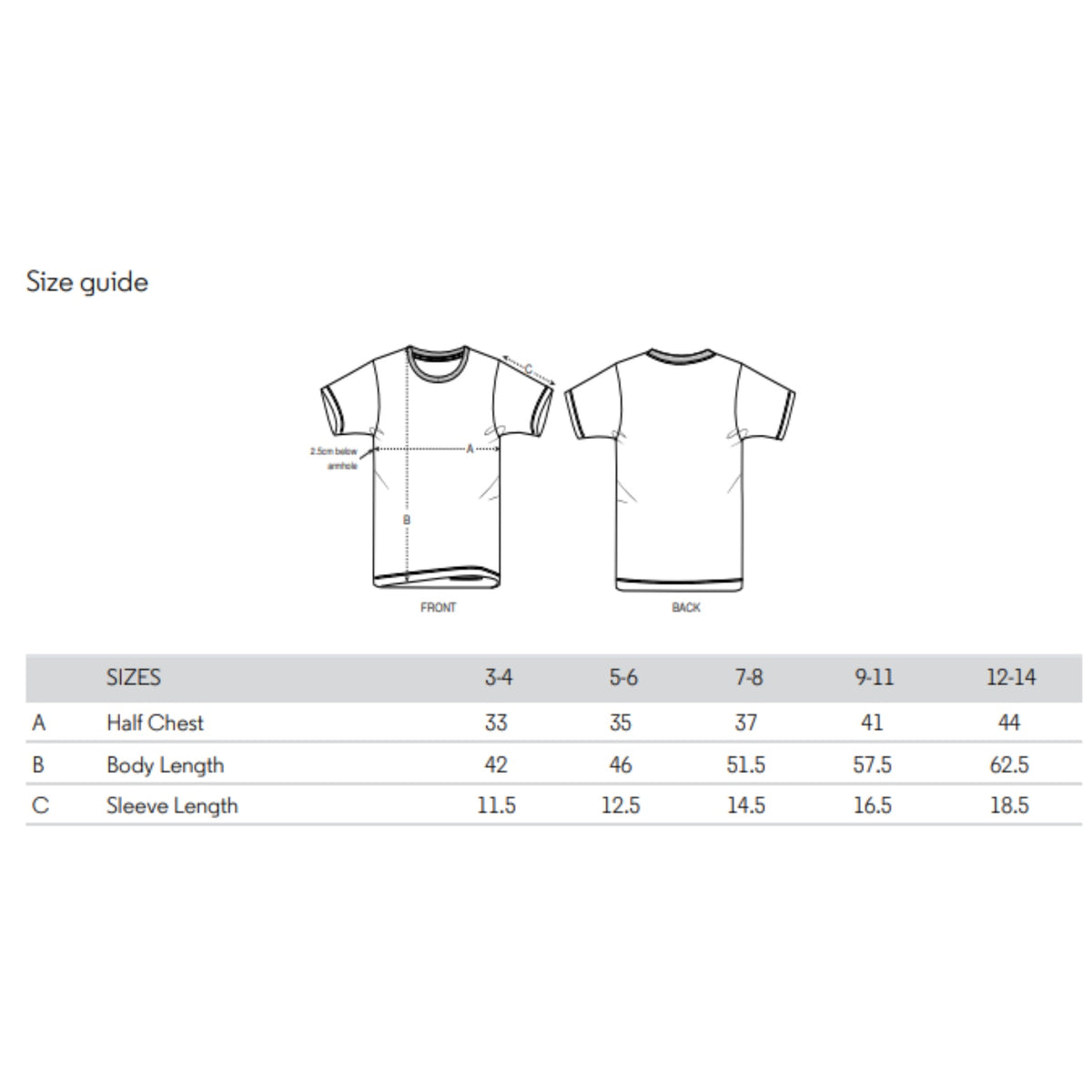 T shirt size chart 3 years to 14 years
