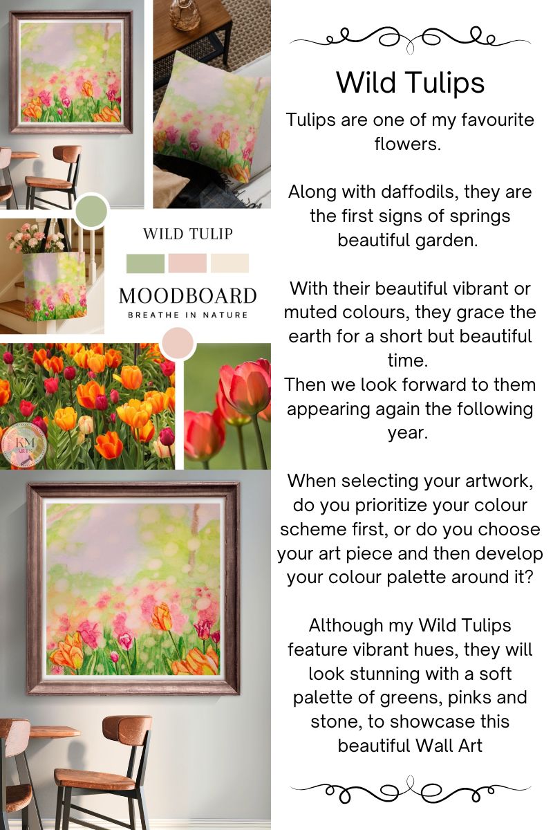 Collage of images featuring tulips with text about their beauty and use in art.