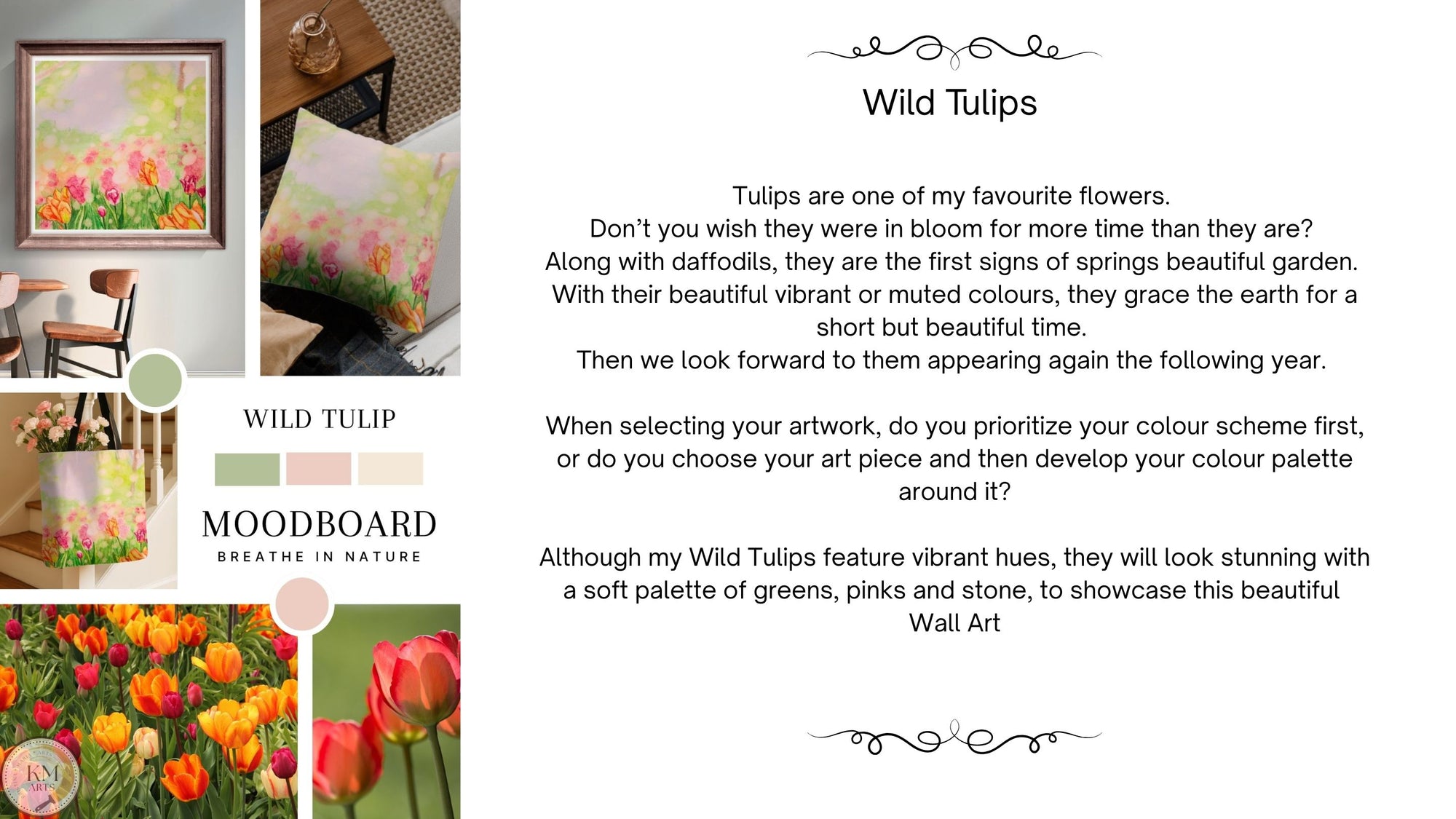 Promotional text about Wild Tulips with images of tulips and a moodboard.
