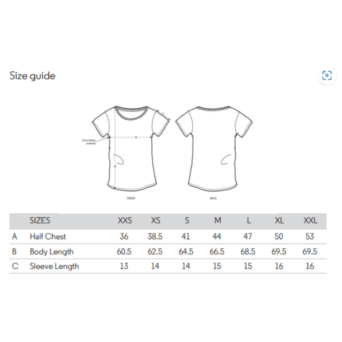 T shirt size chart size XXS to XXL