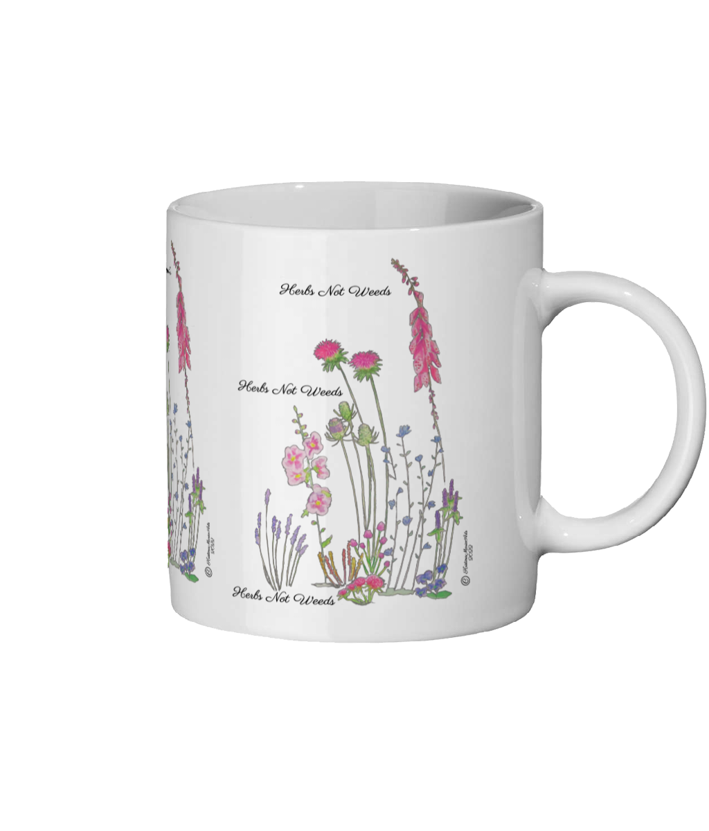 White Mug, Cup with wild flowers and herbs design
