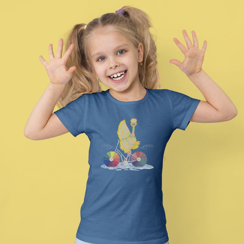 children's blue organic cotton t-shirt colourful ophelia ostrich on front