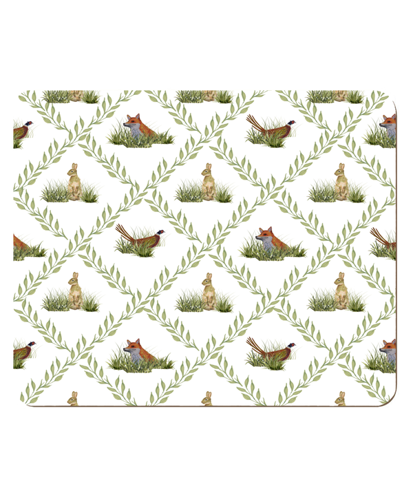 Place Mats with painting of wildlife, fox, wild rabbit hare, pheasant