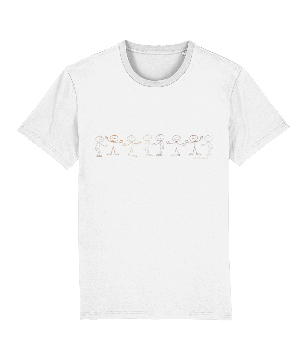 White T-shirt with stick men various colours, small text underneath, saying Be Friends