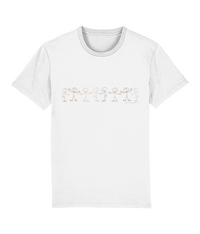 White T-shirt with stick men various colours, small text underneath, saying Be Friends