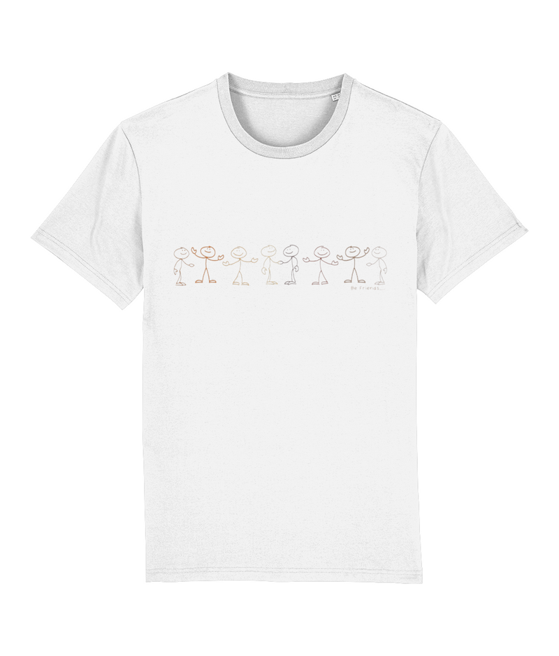 White T-shirt with stick men various colours, small text underneath, saying Be Friends