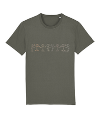 Khaki T-shirt with stick men various colours, small text underneath, saying Be Friends