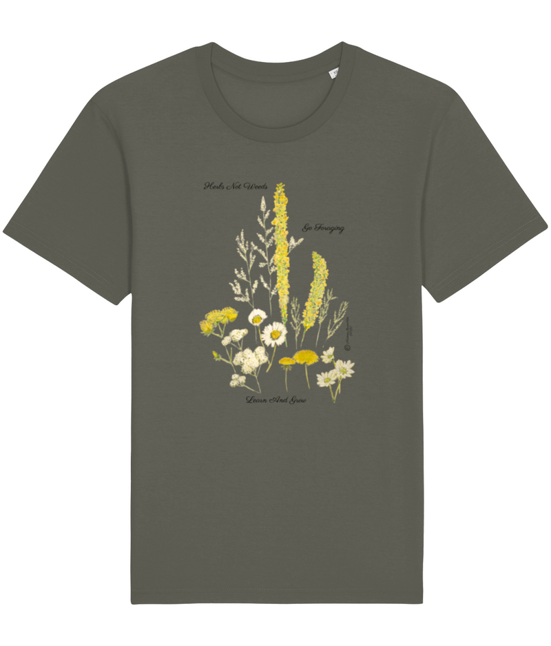 Khaki Herbs Not Weeds Vegan Organic Cotton T-shirt  A beautiful floral motif with yellow and white wild herbs found in the UK