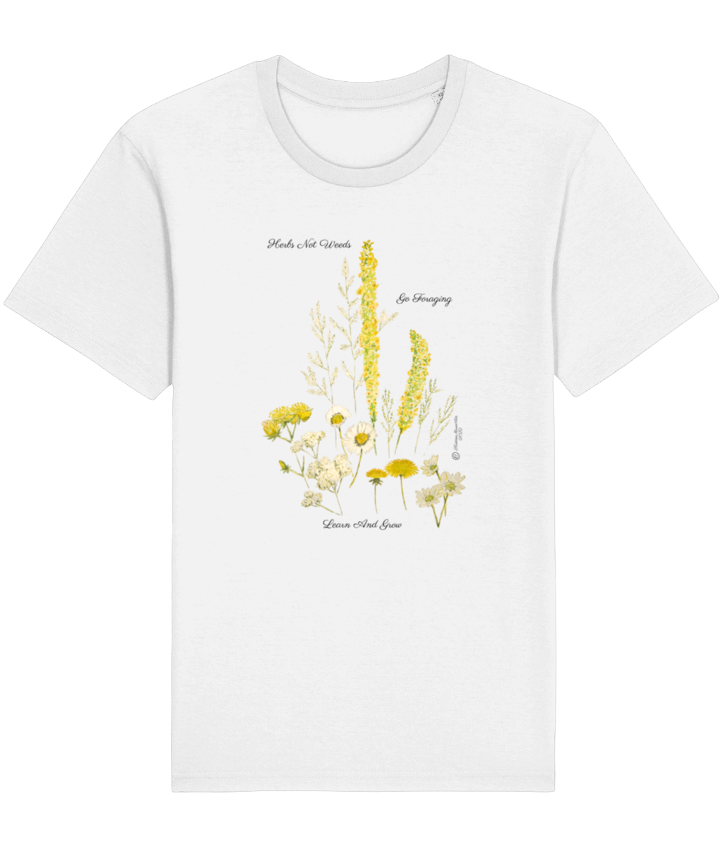 white Herbs Not Weeds Vegan Organic Cotton T-shirt  A beautiful floral motif with yellow and white wild herbs found in the UK