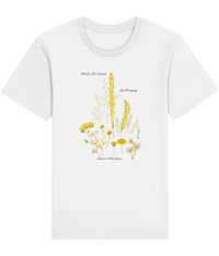 white Herbs Not Weeds Vegan Organic Cotton T-shirt  A beautiful floral motif with yellow and white wild herbs found in the UK