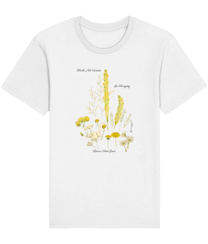 white Herbs Not Weeds Vegan Organic Cotton T-shirt  A beautiful floral motif with yellow and white wild herbs found in the UK