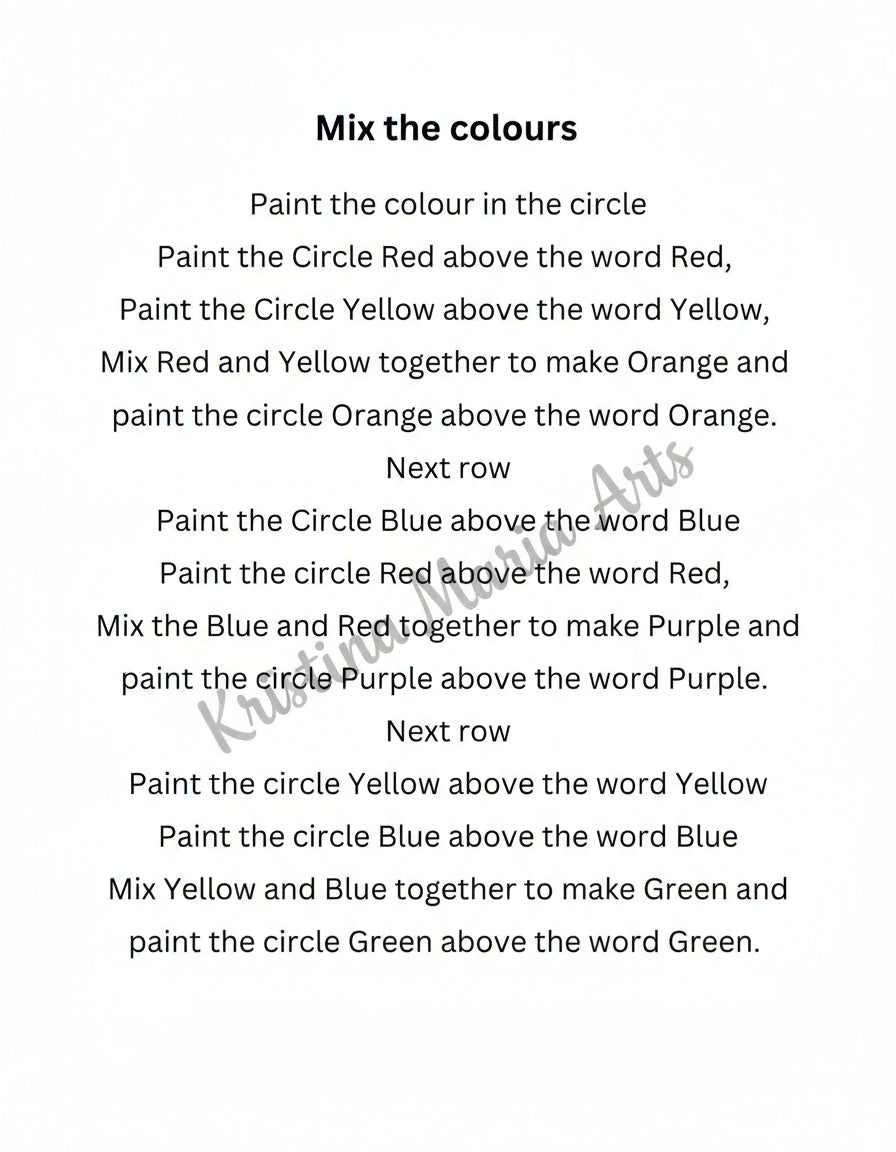 Instructions for mixing colors with circles and words on a white background for free downable print