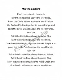 Instructions for mixing colors with circles and words on a white background for free downable print